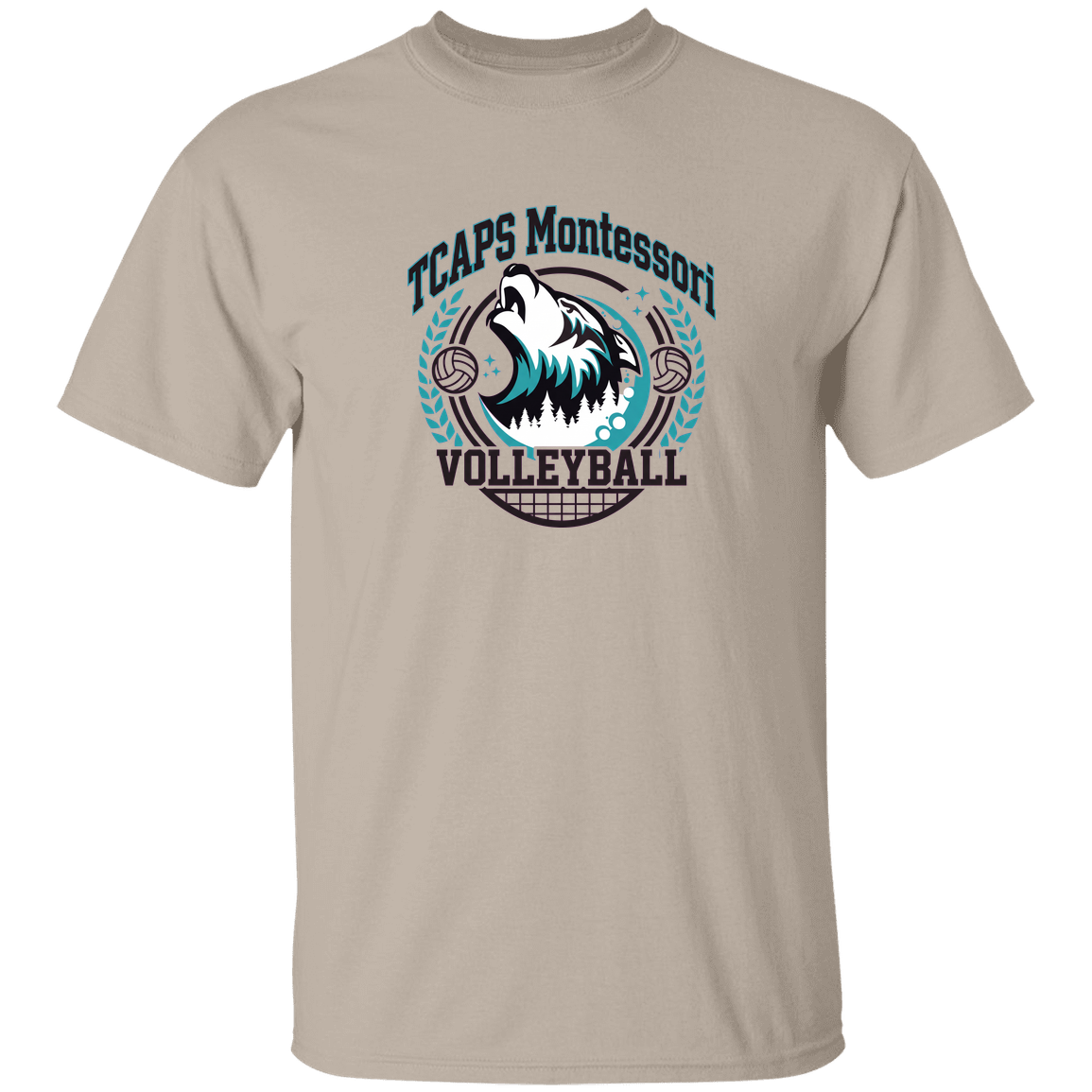 tcaps-montessori-varsity-arch-gildan-5-3-oz-t-shirt — Sand — Front — source sha256 a278e7c080fb0bd92177cbe6feb75a4a20be137981e58decdd4c6e08e2f793cf — Color position 1