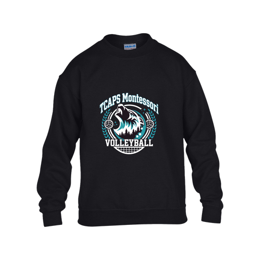 tcaps-montessori-varsity-arch-white-gildan-kids-heavy-blend-fleece-crew — Black — Front — source sha256 d2df275a22459a5b7cdd4322fb9bcc5472c26369a5865f1c19a9c93a15cab485 — Color position 1
