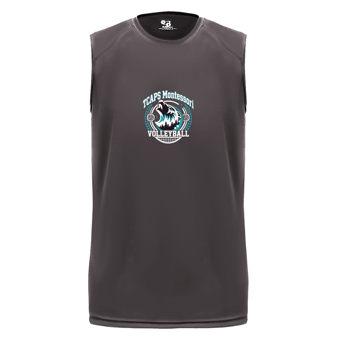 tcaps-montessori-varsity-arch-white-badger-b-core-sleeveless-performance-tee — Graphite — Front — source sha256 eb22bf0b9ce66004280bc05aa853716b127f8ea4c378b5a497ccc1dc9ded2237 — Color position 2