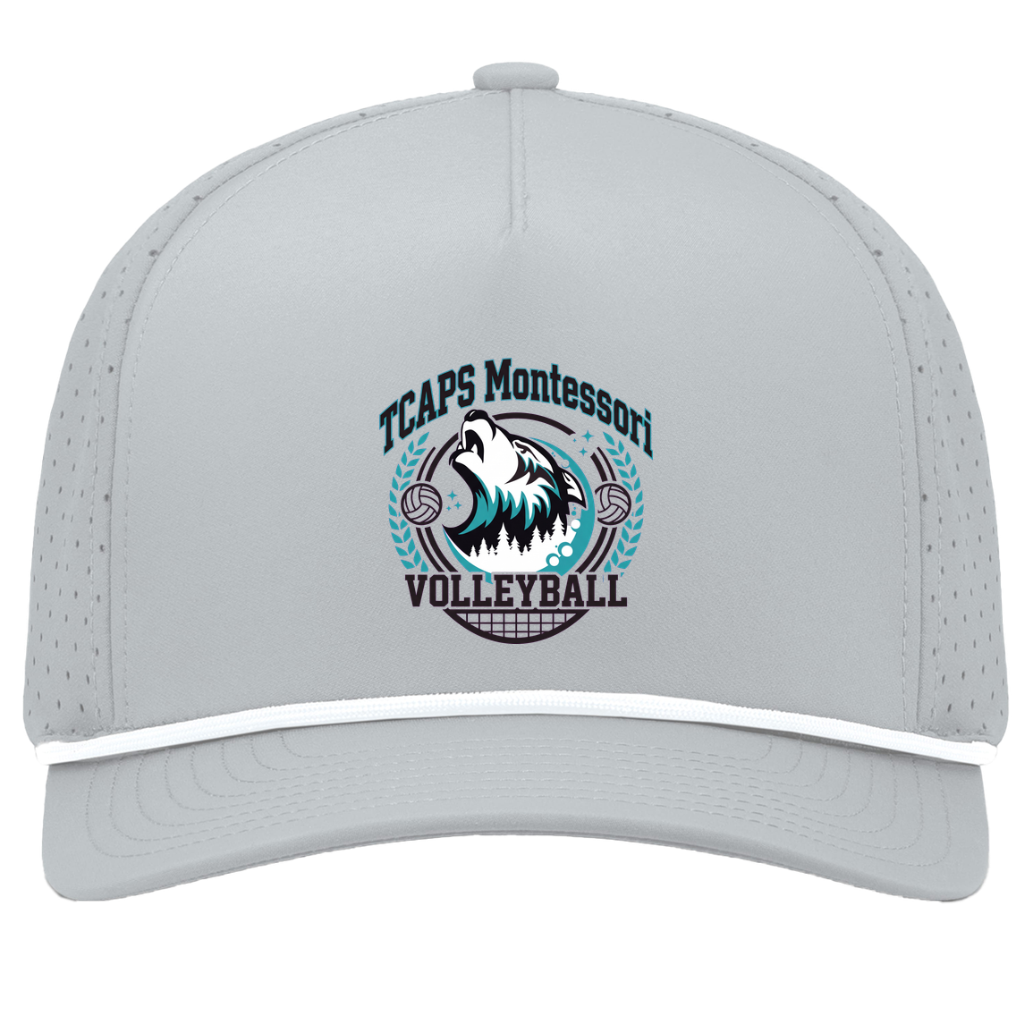 tcaps-montessori-varsity-arch-pacific-headwear-weekender-perforated-snapback-cap — Silver/White — Front — source sha256 ff09863bc8ca2adc65ce18a58428a364e2220b99b1bd508ea7c4b57c59ec9099 — Color position 5