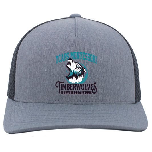 tcaps-montessori-vintage-stack-pacific-headwear-5-panel-trucker-snapback-cap — Heather Grey/Light Charcoal — Front — source sha256 57a0875235c3abd670eea32757153c33069a1d927cda18de9f9bc3025e7cb9ee — Color position 2