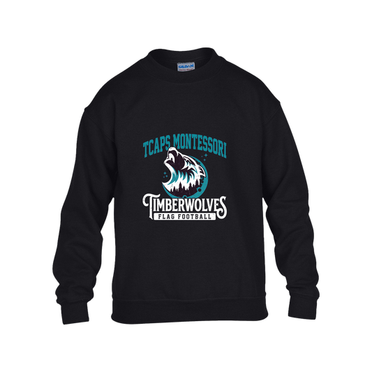 tcaps-montessori-vintage-stack-white-gildan-kids-heavy-blend-fleece-crew — Black — Front — source sha256 88f23efb4d4ea4e87be800000d8295f28de411444b9395087554fc7f010116ed — Color position 1