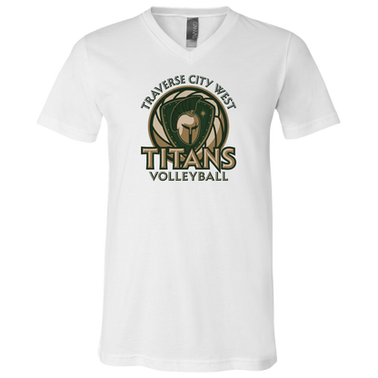 titans-volleyball-bold-mascot-bella-canvas-unisex-jersey-ss-v-neck-t-shirt — White — Front — source sha256 03c6578fb375405e14f00e761d8e18009d783c9e4b84809379c2123afa604d0e — Color position 1