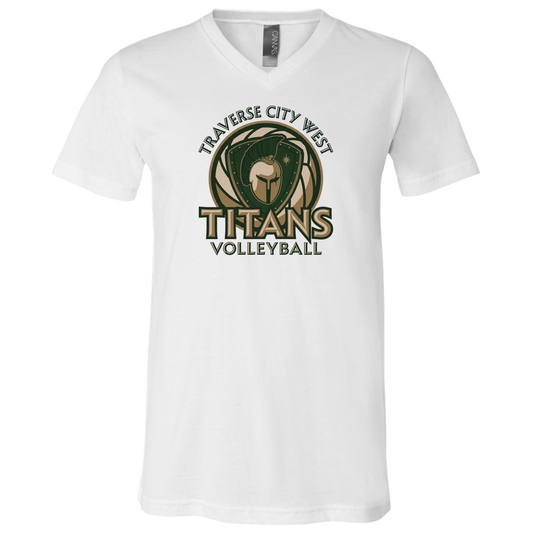 titans-volleyball-bold-mascot-bella-canvas-unisex-jersey-ss-v-neck-t-shirt — White — Front — source sha256 03c6578fb375405e14f00e761d8e18009d783c9e4b84809379c2123afa604d0e — Color position 1