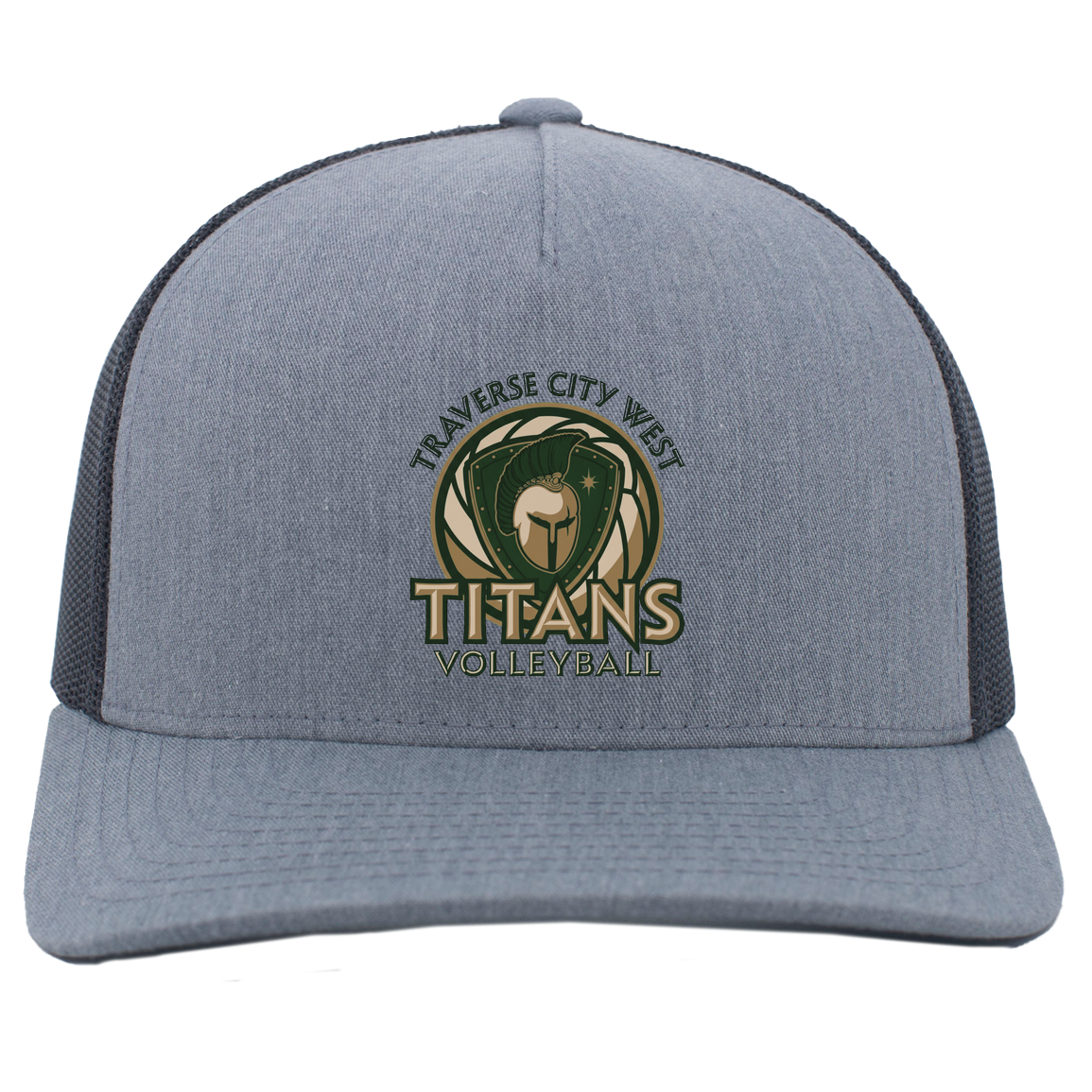 titans-volleyball-bold-mascot-pacific-headwear-5-panel-trucker-snapback-cap — Heather Grey/Light Charcoal — Front — source sha256 16dbc9028180eacfb0aab9a9444265c35f5ba096bce16fa9dba599e0c64ea0f1 — Color position 2