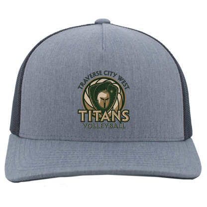 titans-volleyball-bold-mascot-pacific-headwear-5-panel-trucker-snapback-cap — Heather Grey/Light Charcoal — Front — source sha256 16dbc9028180eacfb0aab9a9444265c35f5ba096bce16fa9dba599e0c64ea0f1 — Color position 2