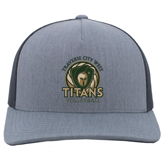 titans-volleyball-bold-mascot-pacific-headwear-5-panel-trucker-snapback-cap — Heather Grey/Light Charcoal — Front — source sha256 16dbc9028180eacfb0aab9a9444265c35f5ba096bce16fa9dba599e0c64ea0f1 — Color position 2