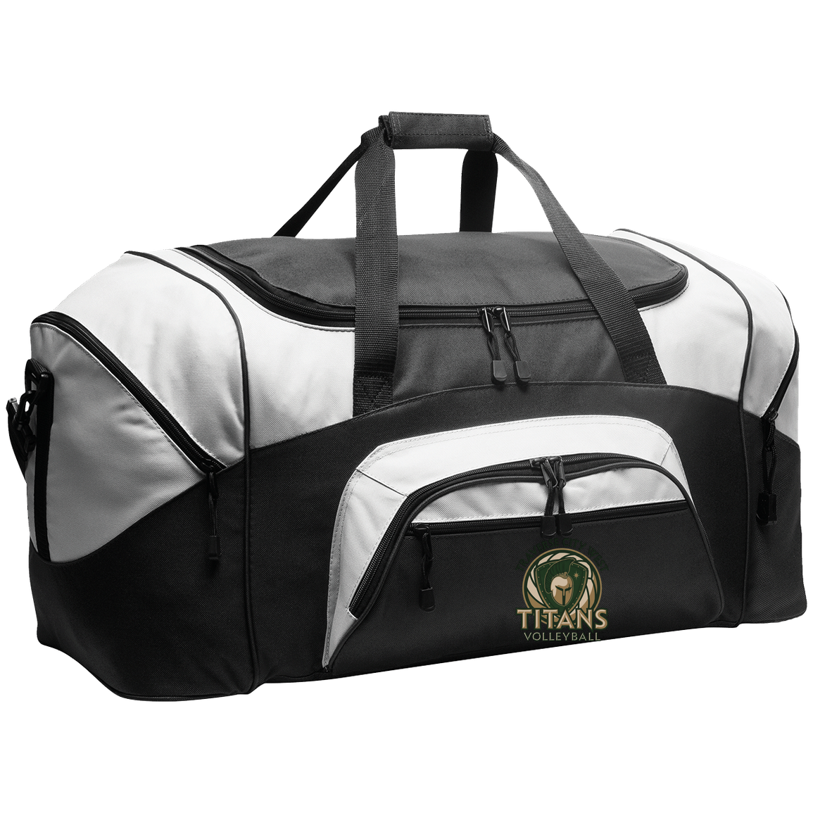 titans-volleyball-bold-mascot-port-company-sport-duffel — Black/Gray — Front — source sha256 bcf0440658252d660509c690b40e8aa6a1630aa441fb63ebfdfb99fabd23dafe — Color position 1