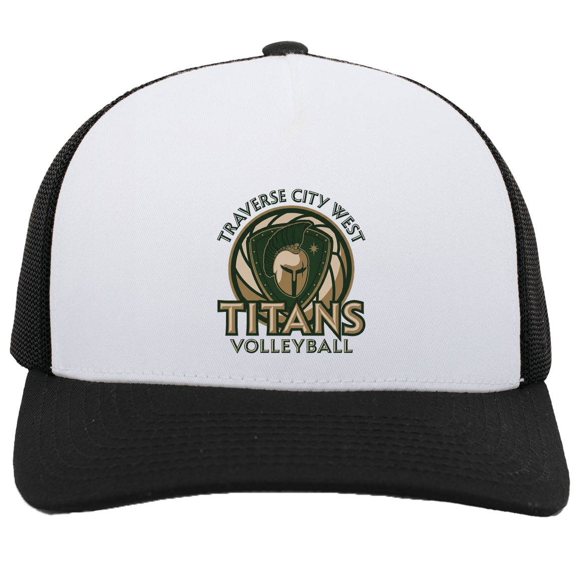 titans-volleyball-bold-mascot-pacific-headwear-5-panel-trucker-snapback-cap — White/Black — Front — source sha256 db901705ab8a5a3dac72a33f5ab067a69337501564ab2b1f86dcb3567e8533ef — Color position 5